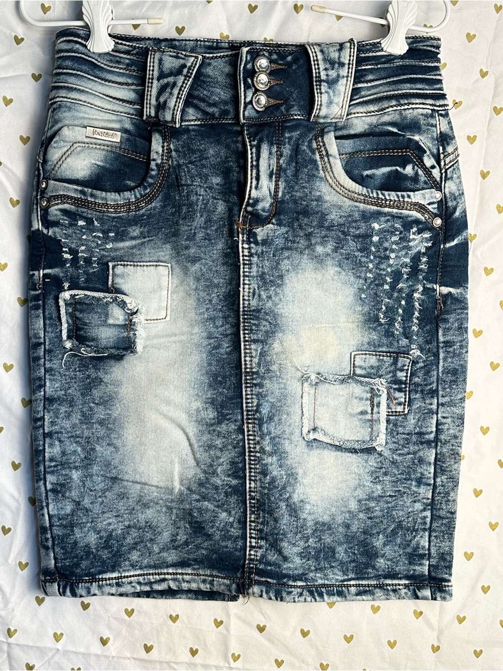 Vintage Y2K Distressed Washed Denim high-rise Midi Skirt patchwork rhinestones